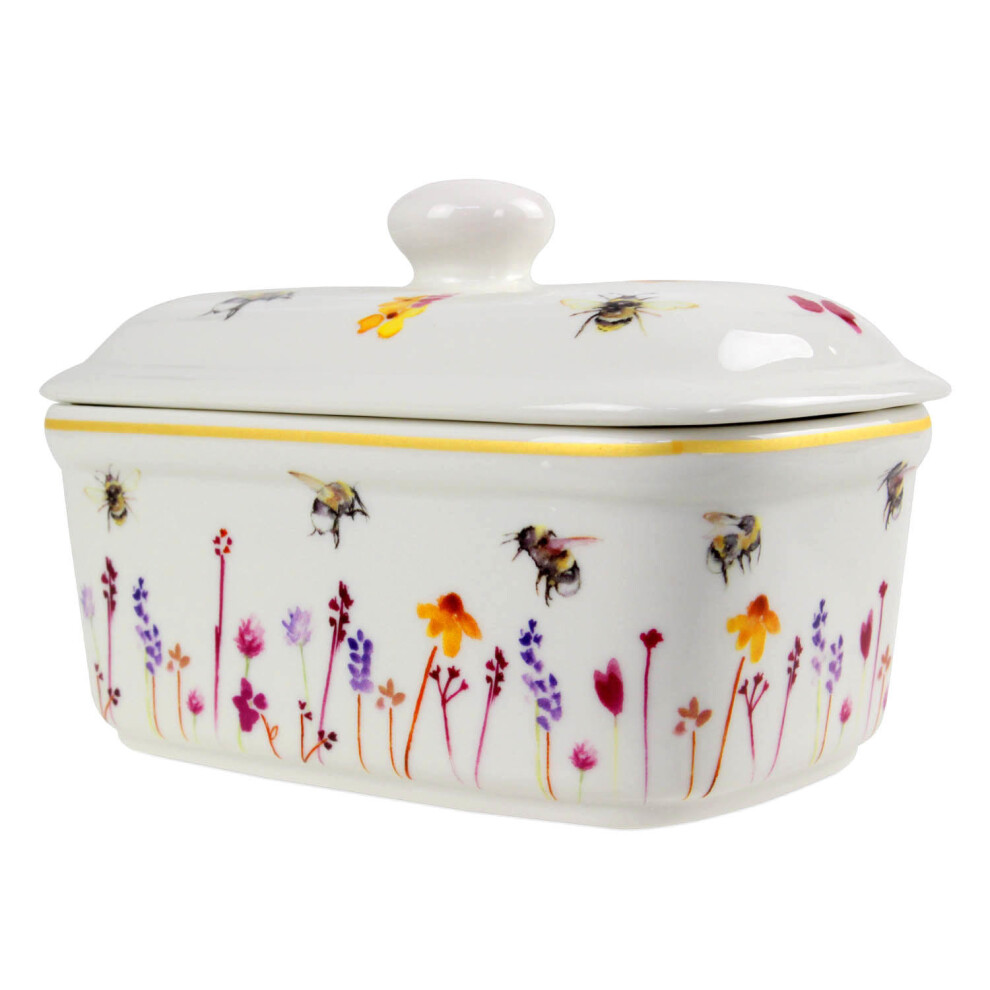 Busy Bees Ceramic Butter Dish with Lid Watercolour Flowers Print Floral Design