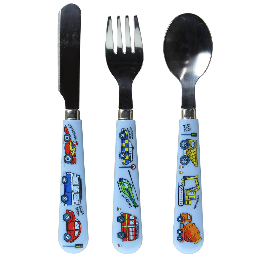 Kids Childrens Melamine Vehicle Transport Design Cutlery Set Spoon Fork Knife