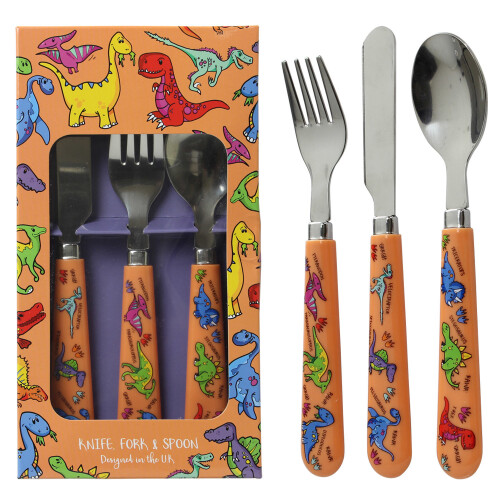 3pc Dinosaur Design Kids Childrens Cutlery Set Plastic Spoon Fork Knife Gift 1