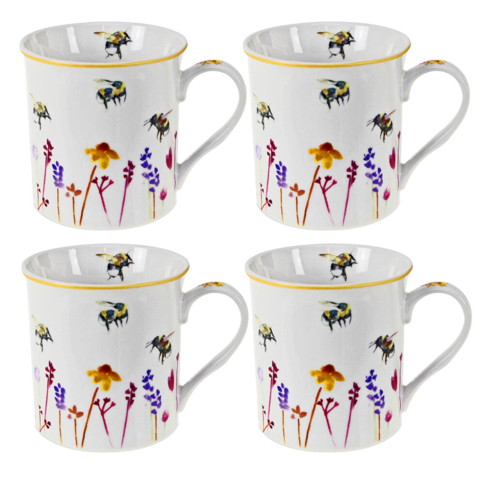 Set of 4 Busy Bees Tea Party Cups Drinking Mugs Watercolour Floral Print Design