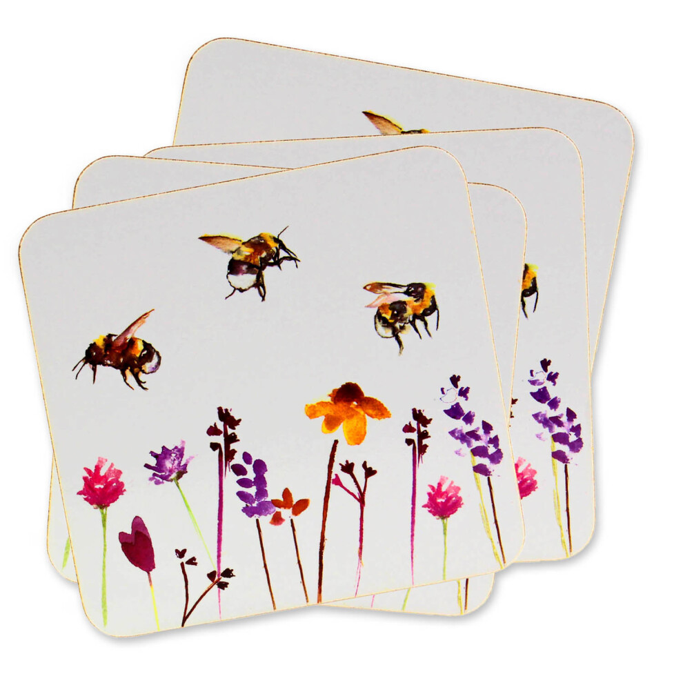 Set of 4 Busy Bees Mug Cup Coasters Table Mat Watercolour Floral Print Design