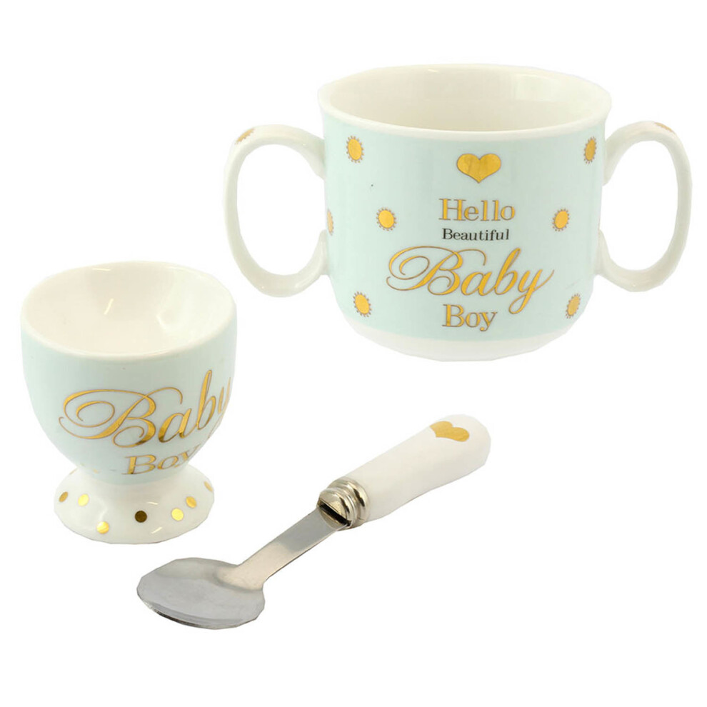 Mad Dots Children Toddler Baby Ceramic Egg Cup Mug Spoon Feeding Dining Set Blue