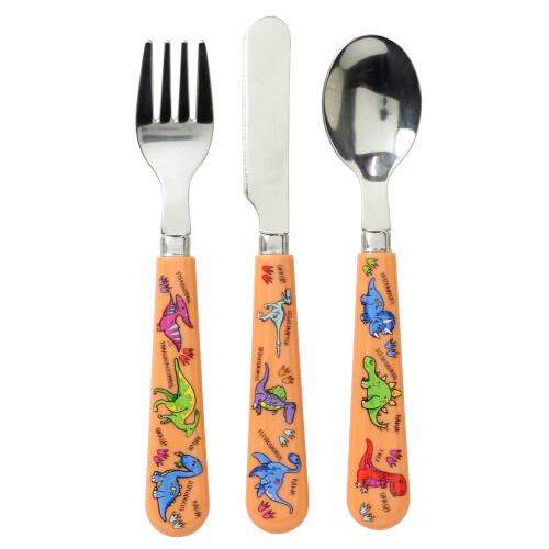 3pc Dinosaur Design Kids Childrens Cutlery Set Plastic Spoon Fork Knife Gift
