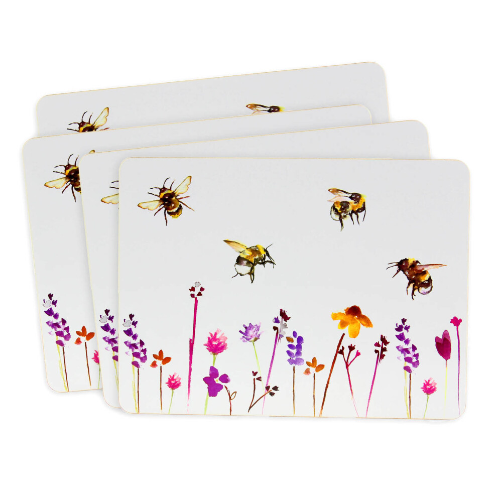 Set of 4 Busy Bees Dining Placemats Table Mat Watercolour Floral Print Design