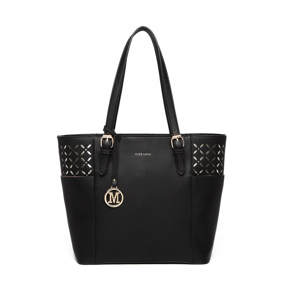 (Black) Miss Lulu Laser Cut Out Tote Shopper Bag