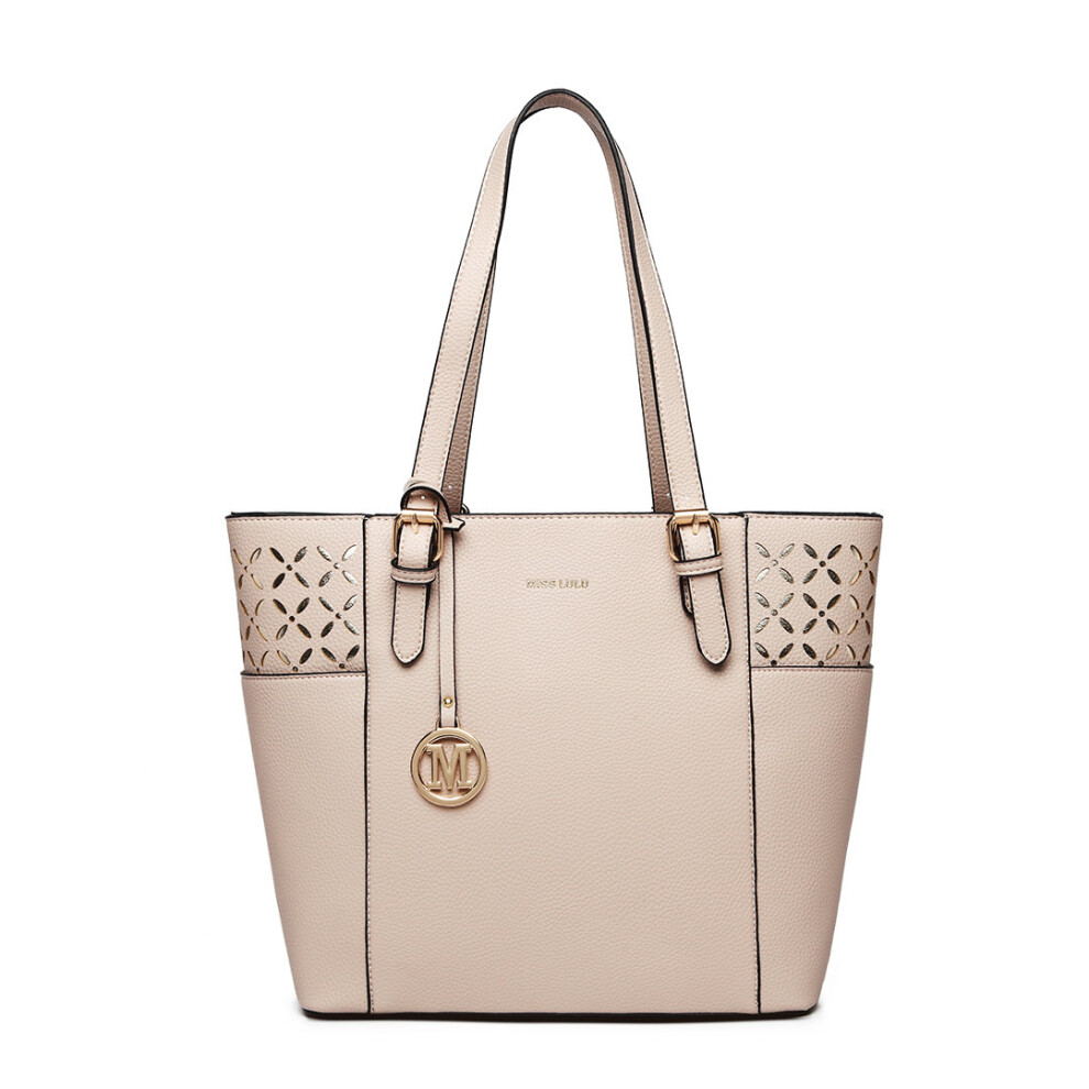 (Beige) Miss Lulu Laser Cut Out Tote Shopper Bag