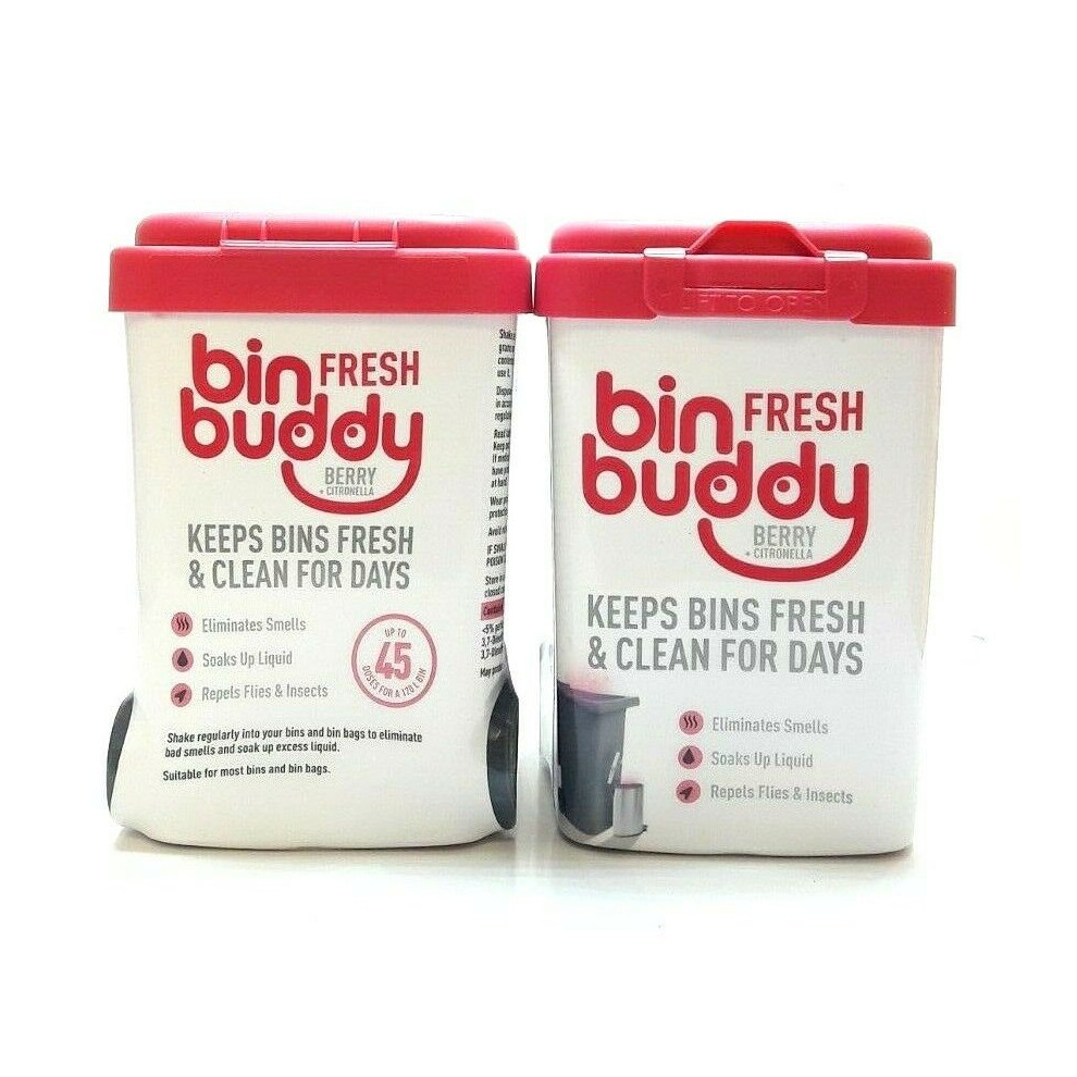 2 PCS FRESH BIN BUDDY BERRY FLAVOURED 450G EACH CLEANS BINS, ELIMINATES SMELLS, REPELS INSECTS AND SOAKS LIQUID UP TO 45 DOSES FOR A 120L BIN