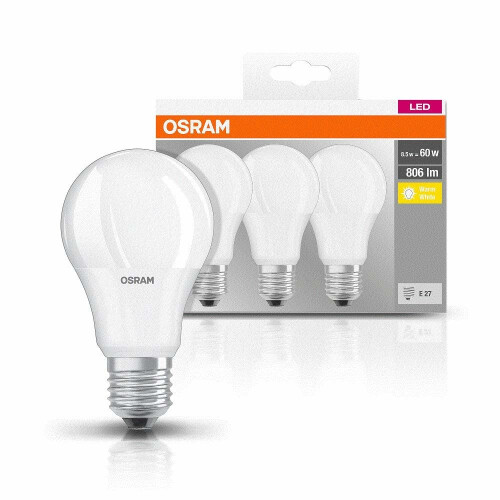 OSRAM OSRAM CLASSIC BASE - LED light bulb - shape: A60 - E27 - 9 W (equivalent 60 W) - class A+ - 2700 K (pack of 3)