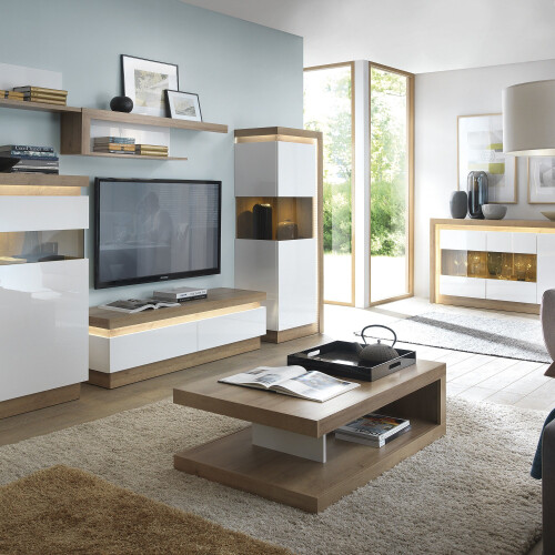 Modern Oak Coffee Table in Gloss white, shelf, Living Room 2