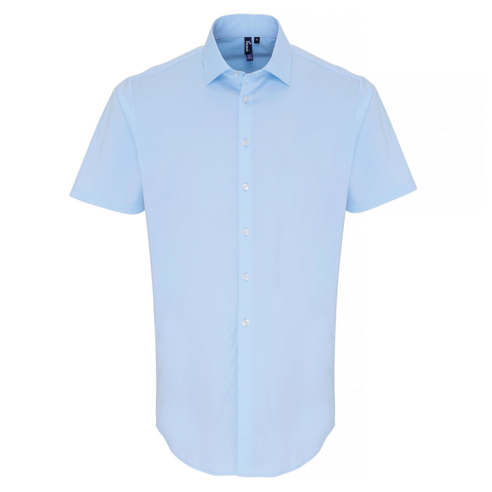 (XS, Pale Blue) Premier Mens Stretch Fit Poplin Short Sleeve Shirt