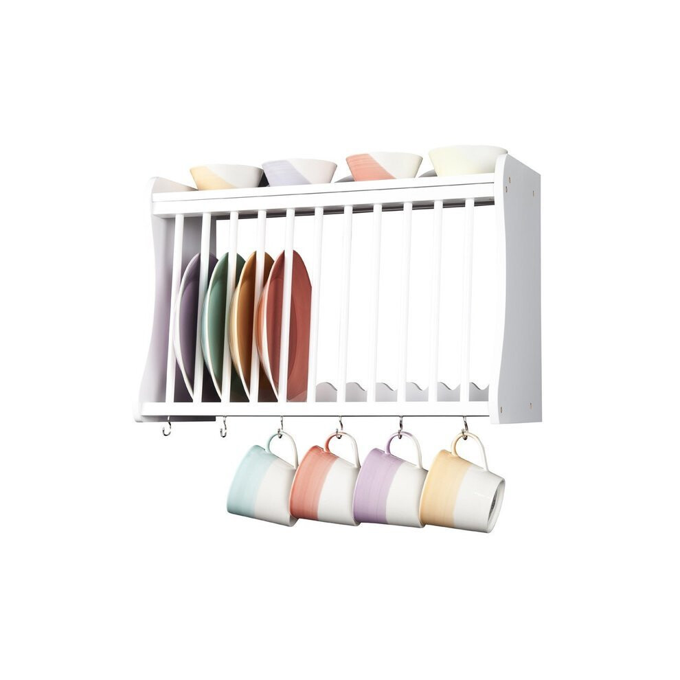 Minack White Wooden Kitchen Plate Rack, wall mounted shelf with hooks