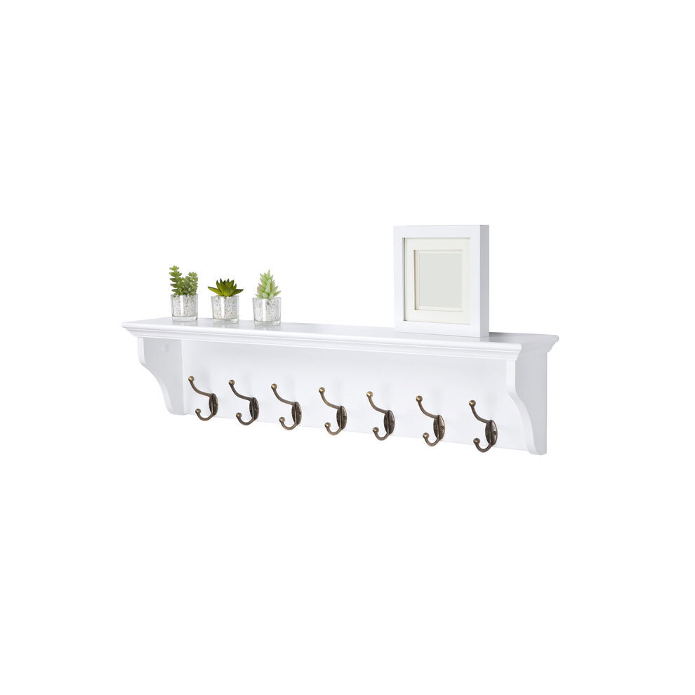 Richmond White Wooden Coat Rack with 7 Hooks / Wall Mounted with Shelf