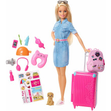 Barbie Dreamhouse Adventures Poppen & Accessoires, Reis Set met Blonde Pop, Puppy & 10+ Stukken