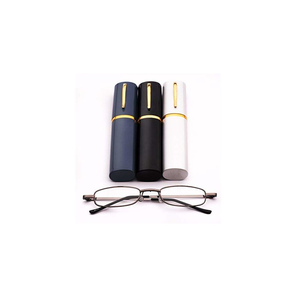 (Grey Frame with Grey Case, 2.25) MT74 Pen Holder Grey Frame Compact Reading Glasses with Case with 12 Lens Strength Variations Up to +3.75