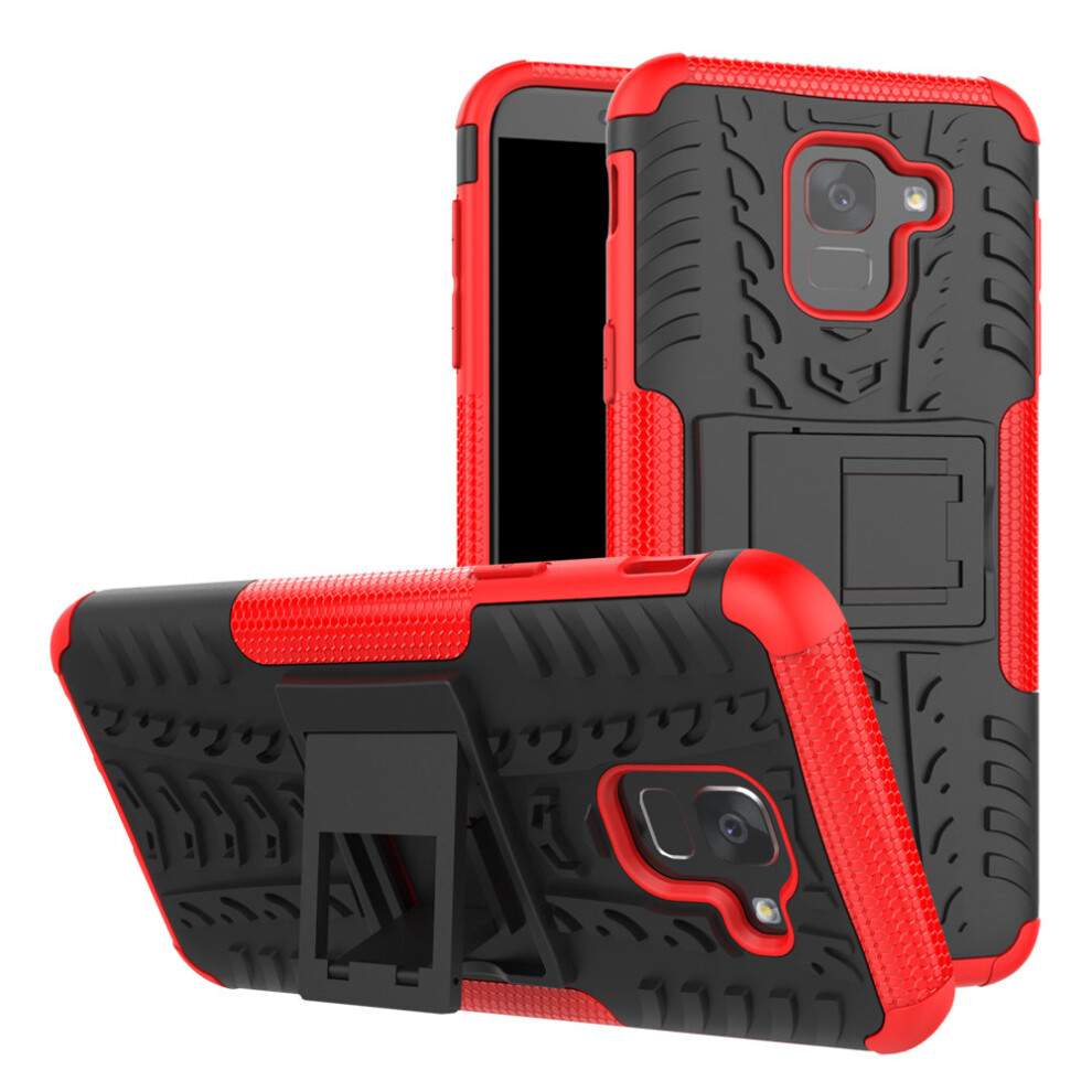 (Red) Slim Armour Shockproof Case Cover Stand + LCD Guard for Samsung Galaxy J6 (J600)