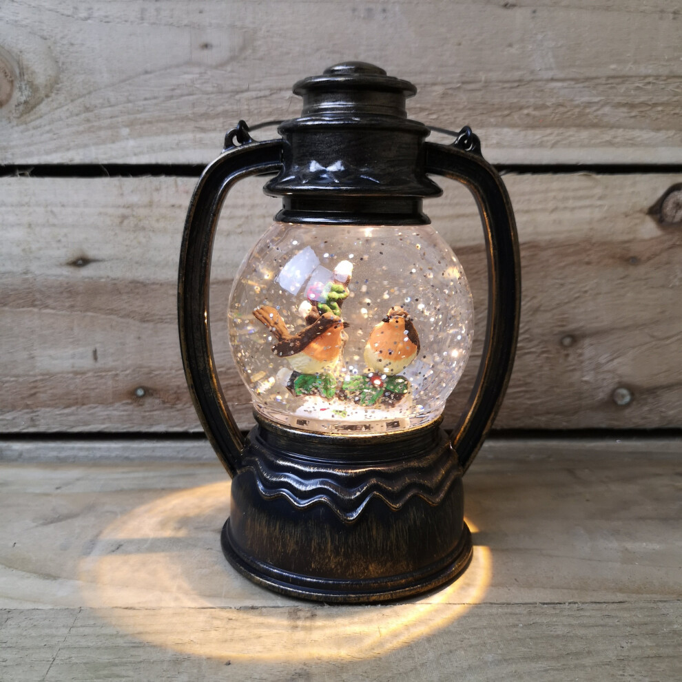 Snow Time Snowtime Battery Operated 20Cm Water Spinner Round Lantern With 2 Robins Warm Leds White