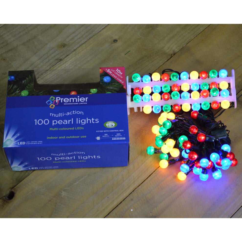 10m 100 LED Premier Multi Action Outdoor Pearl Christmas Lights Multi Coloured