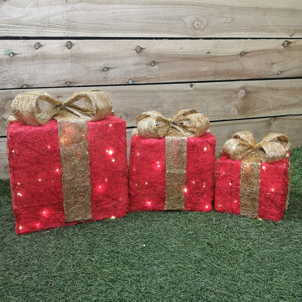 Premier Battery Operated Set Of 3 Lit Parcels With Bow - Warm Lights Red/Gold/White