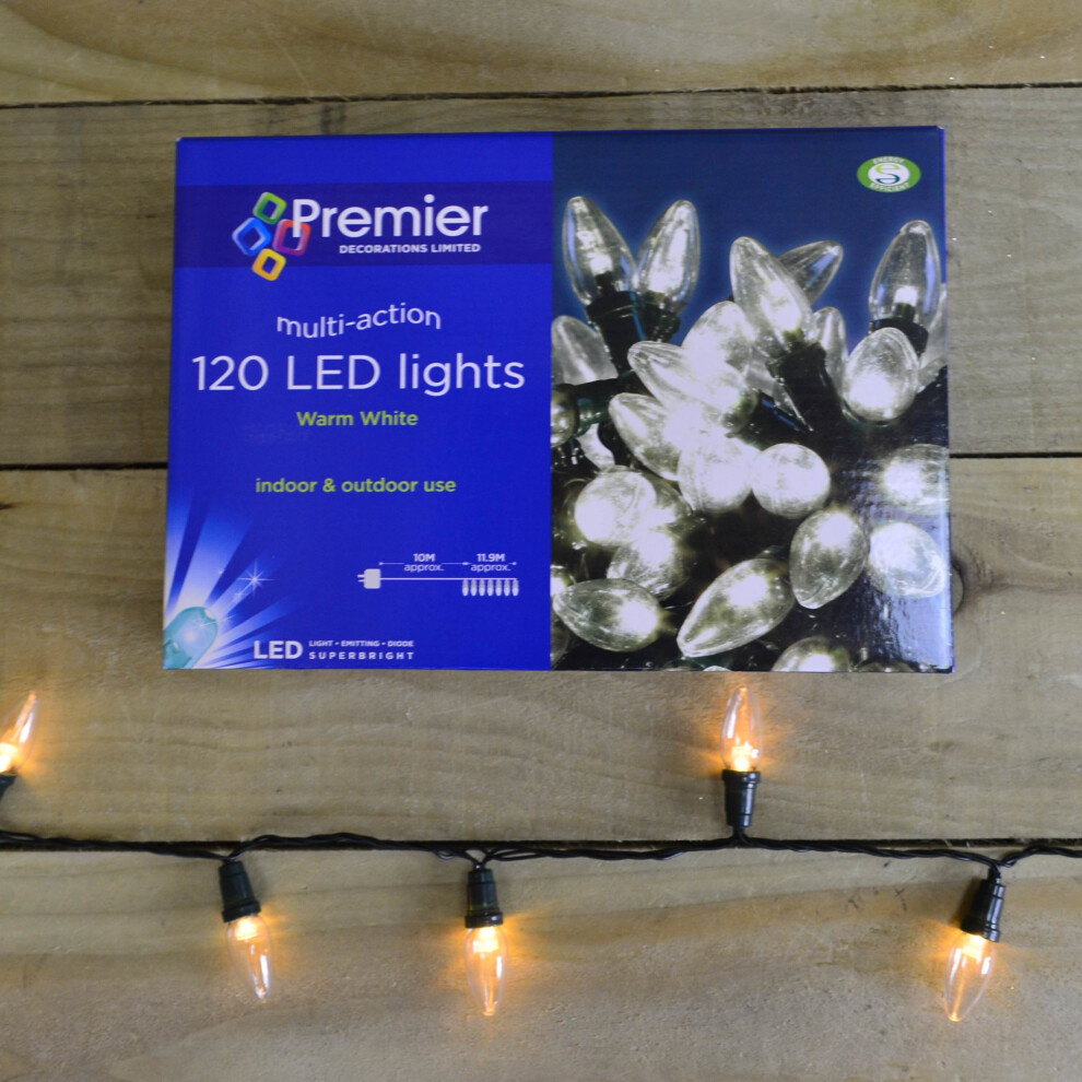 Premier 11.9M 120 Led Christmas Lights - Multi Action C6 Bulb In Warm White