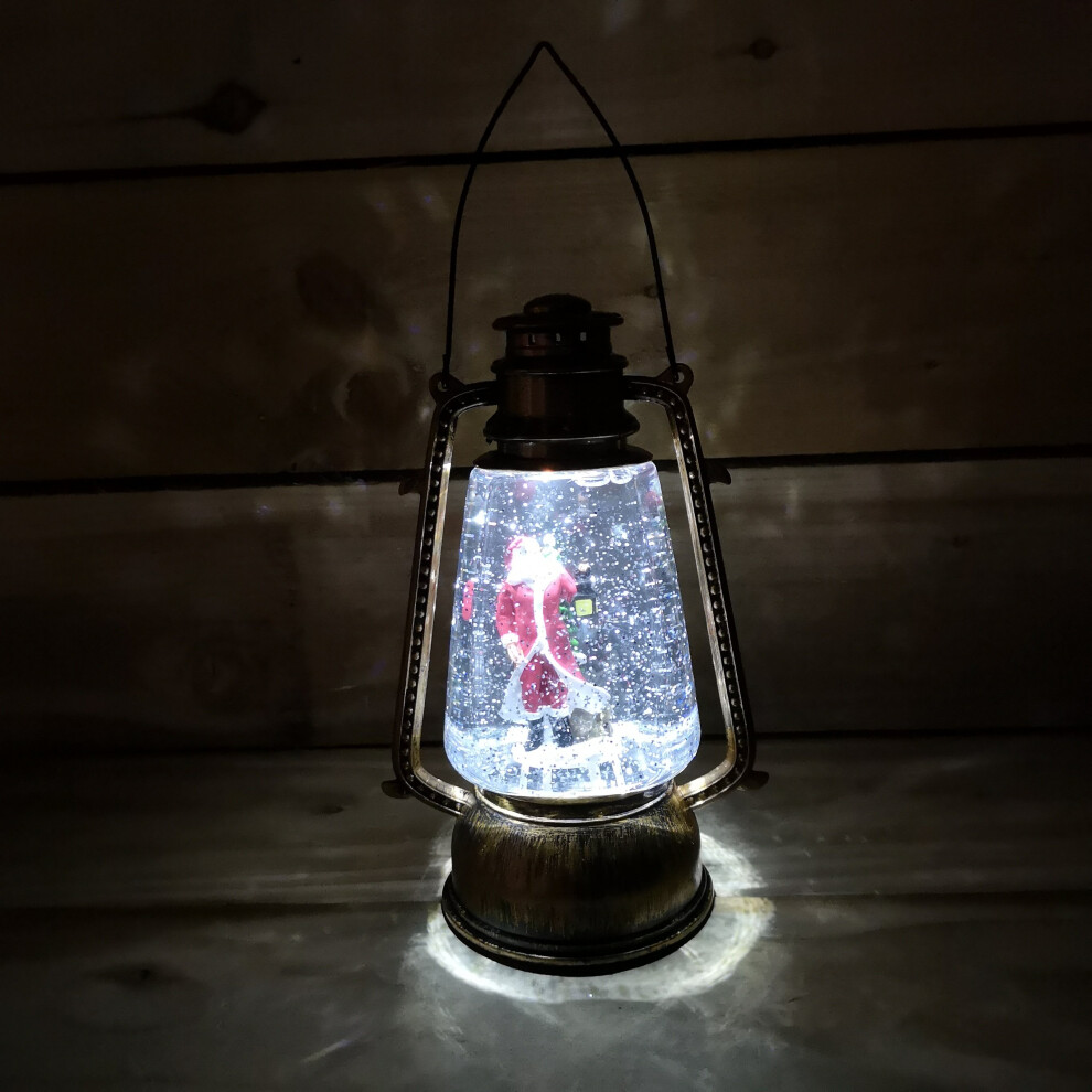 Premier 24Cm Battery Operated Santa Hurricane Lantern Glitter Water Spinner In Antique Gold