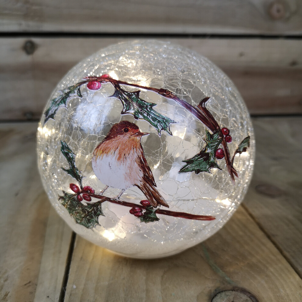 Festive 15Cm Battery Operated Indoor Christmas Led Lit Crackle Effect Robin Ball