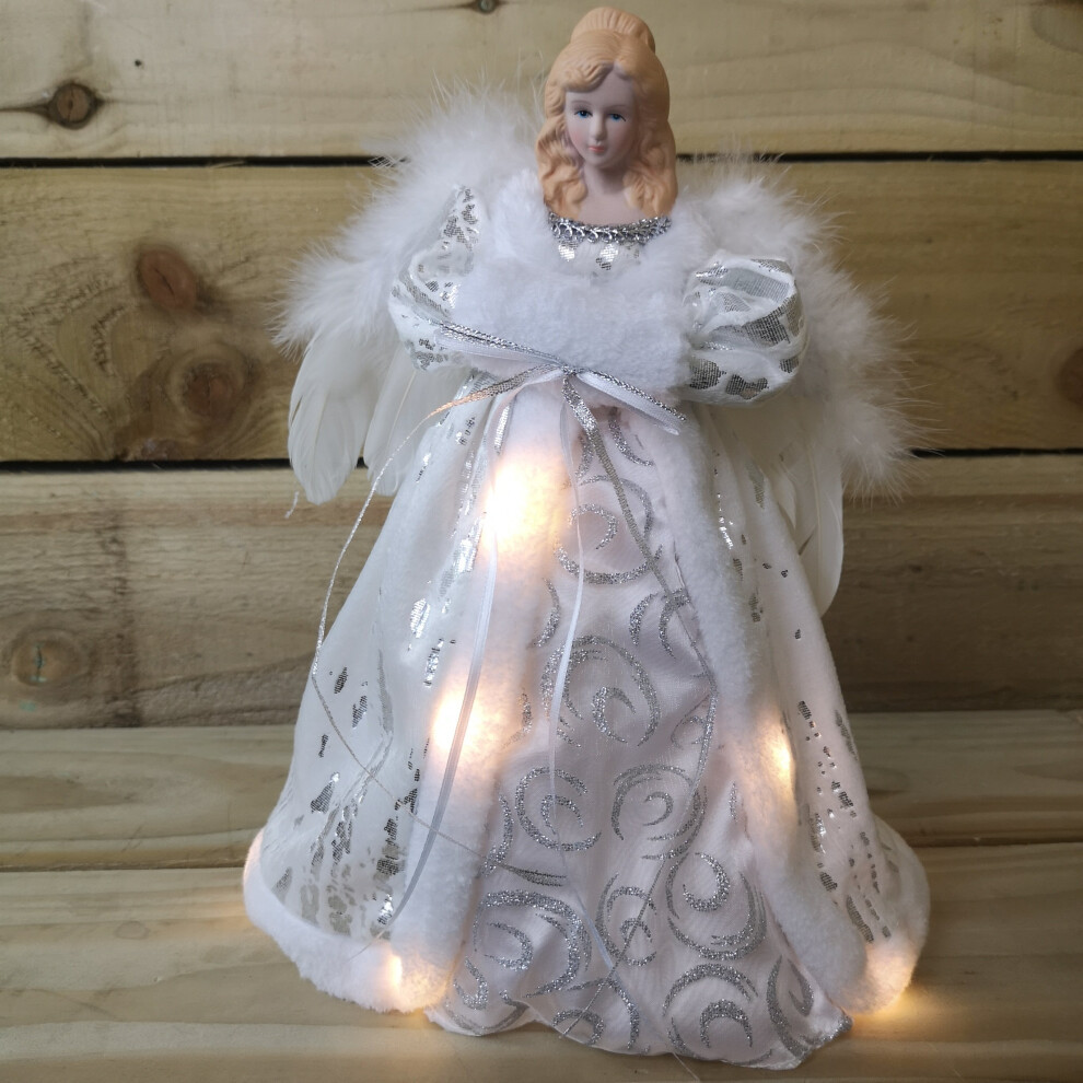 Premier 30cm White And Silver Angel Lit Tree Topper With Warm White LEDs