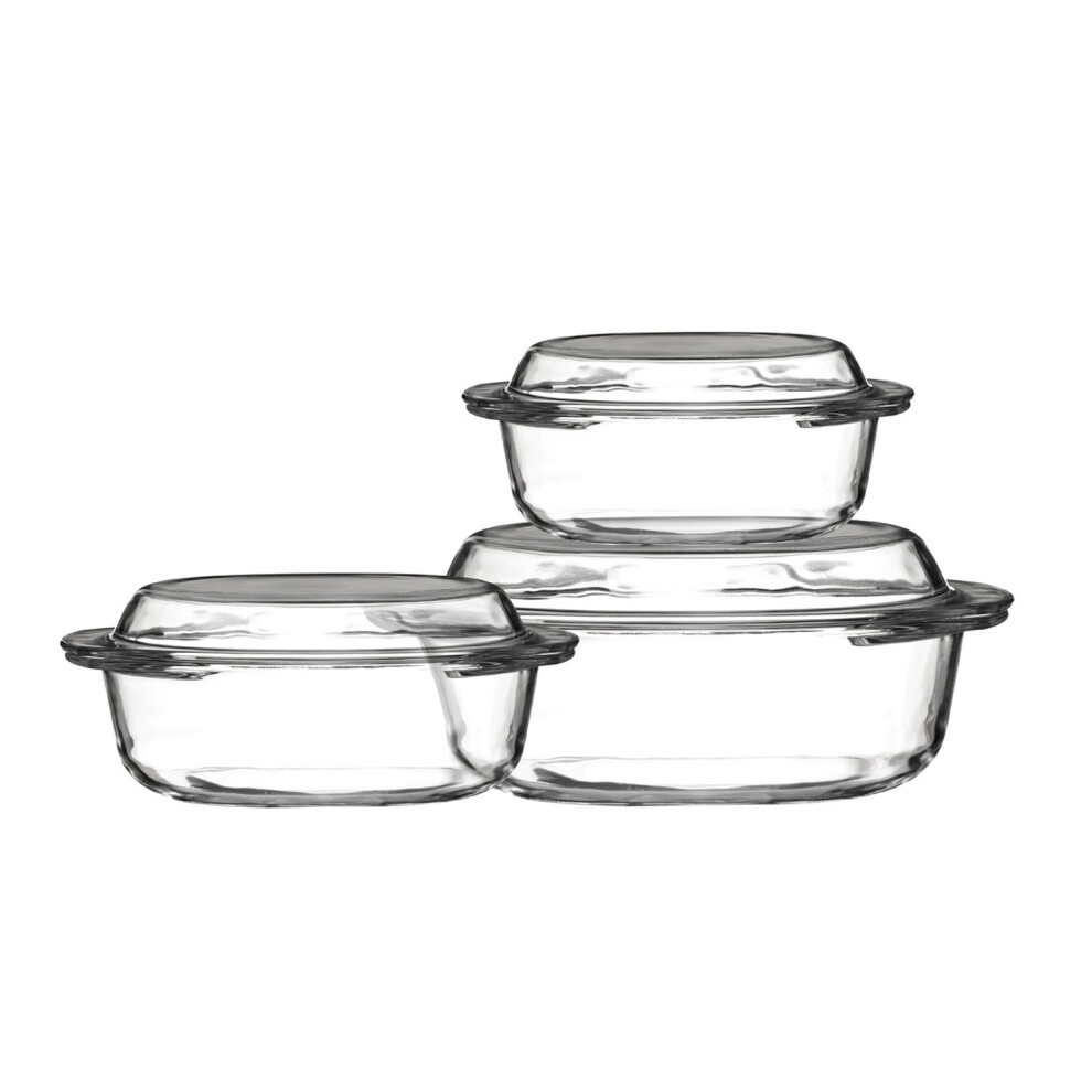 Set Of 3 Clear Tempered Glass Casserole Dishes Cooking Kitchen With Lid Bakeware