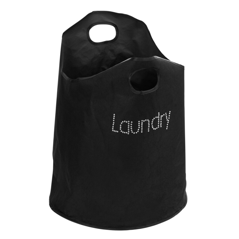 Black Laundry Bag Dual Handle Clothes Hamper w/ Text Label Polyester Folds Flat
