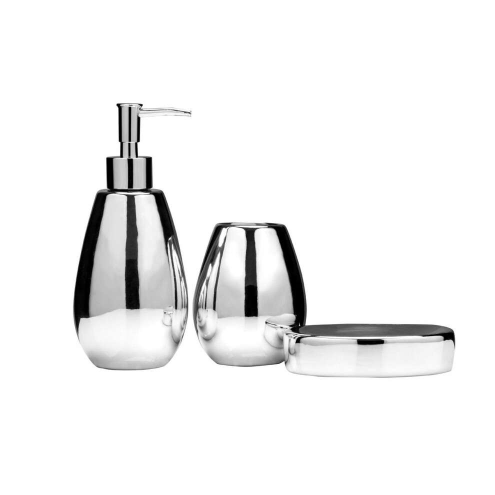 Premier Housewares Magpie 3Pc Dolomite Soap Dish Lotion Dispenser Bath Tumbler Bathroom Set Silver