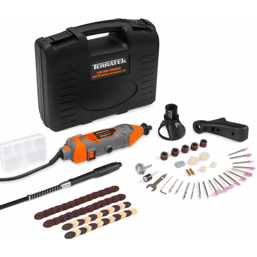 Terratek Rotary Multi Tool Kit 135W with 80pc Accessory Set & Storage Case, Variable Speed 8000-33000rpm, Woodwork & Hobby Craft, Dremel Compatible