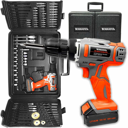 Terratek 18V Cordless Drill and Screwdriver Set & Drill Bit 89 Piece Kit Li-ion Battery, Lightweight Power Battery Drill in Case