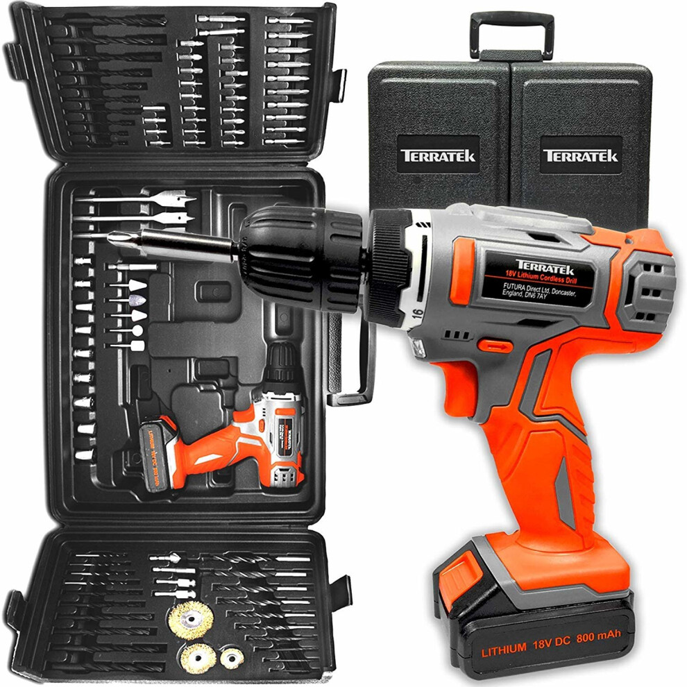 Terratek 18V Cordless Drill and Screwdriver Set & Drill Bit 89 Piece Kit Li-ion Battery, Lightweight Power Battery Drill in Case
