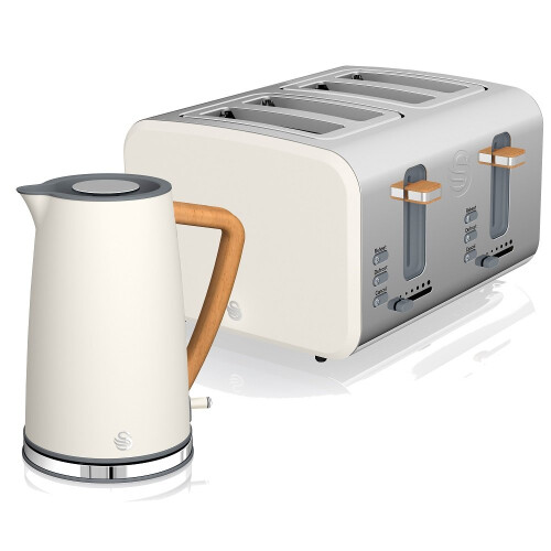(White) Swan Nordic Cotton White Kitchen Set with 1.7L 3Kw Kettle & 4 Slice Toaster, Wood Effect and Soft Touch Matte Finish, S/Steel, STP2091WHTN