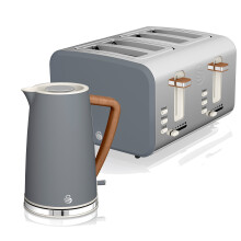 (Grey) Swan Nordic Cotton White Kitchen Set with 1.7L 3Kw Kettle & 4 Slice Toaster, Wood Effect and Soft Touch Matte Finish, S/Steel, STP2091WHTN