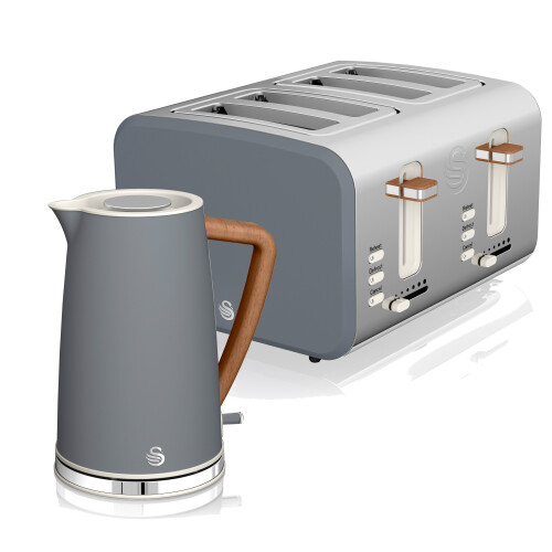 (Grey) Swan Nordic Cotton White Kitchen Set with 1.7L 3Kw Kettle & 4 Slice Toaster, Wood Effect and Soft Touch Matte Finish, S/Steel, STP2091WHTN