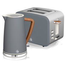 (Grey) Swan Nordic Cotton White Kitchen Set with 1.7L 3Kw Kettle & 2 Slice Toaster, Wood Effect and Soft Touch Matte Finish, Stainless Steel, STP2090WHTN
