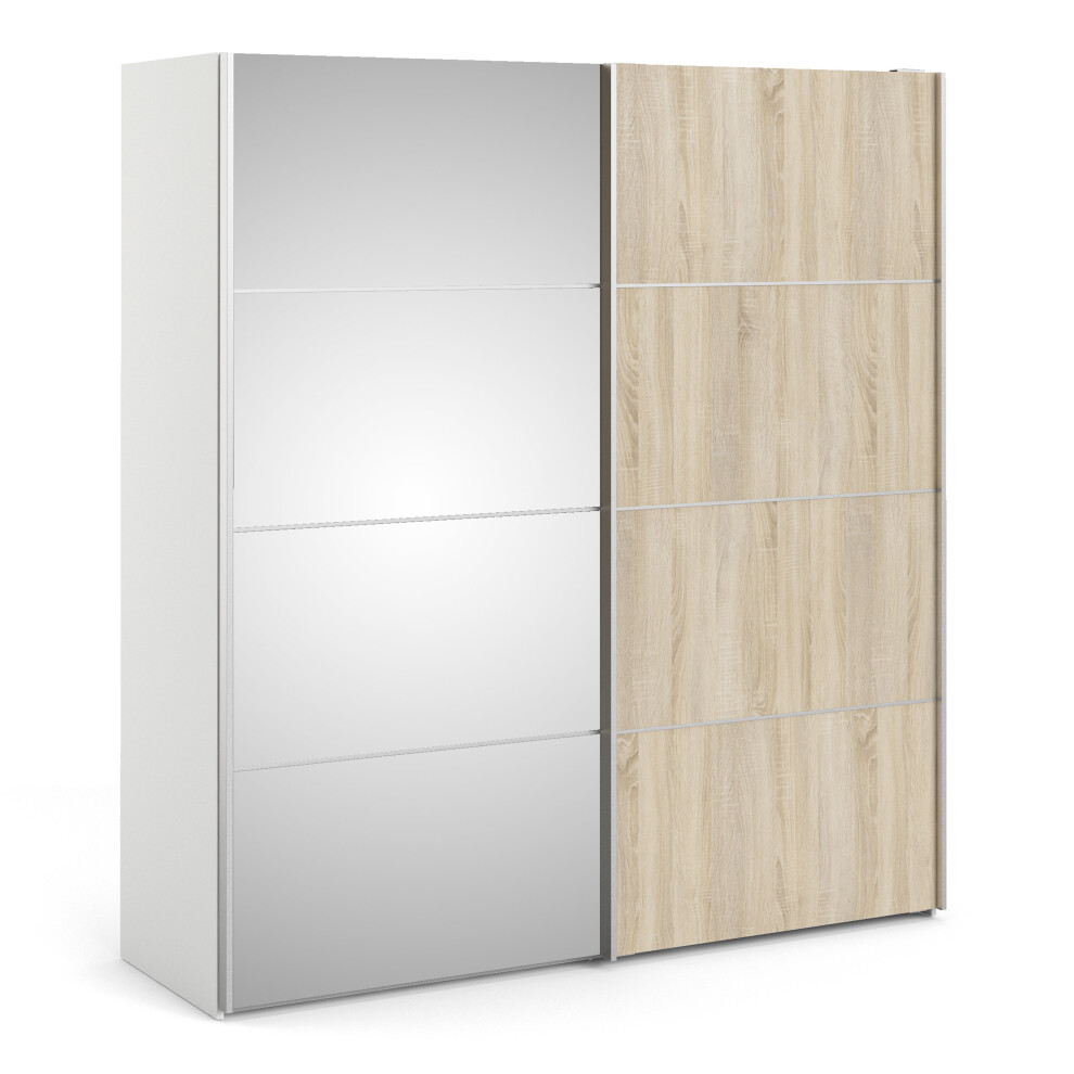 Sliding Wardrobe 180cm in White with Oak and Mirror Doors with 5 Shelves