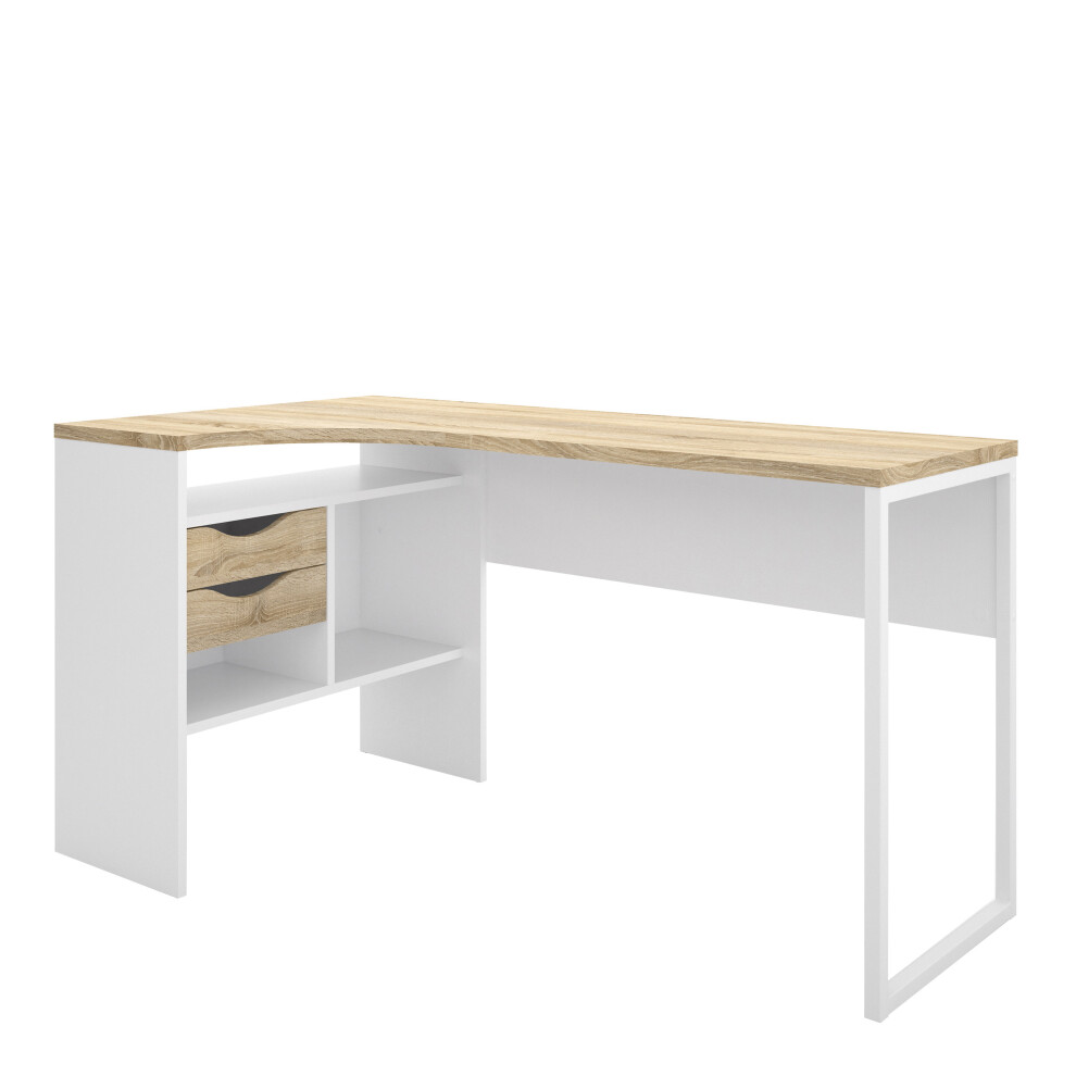 Corner Desk 2 Drawers in White and Oak