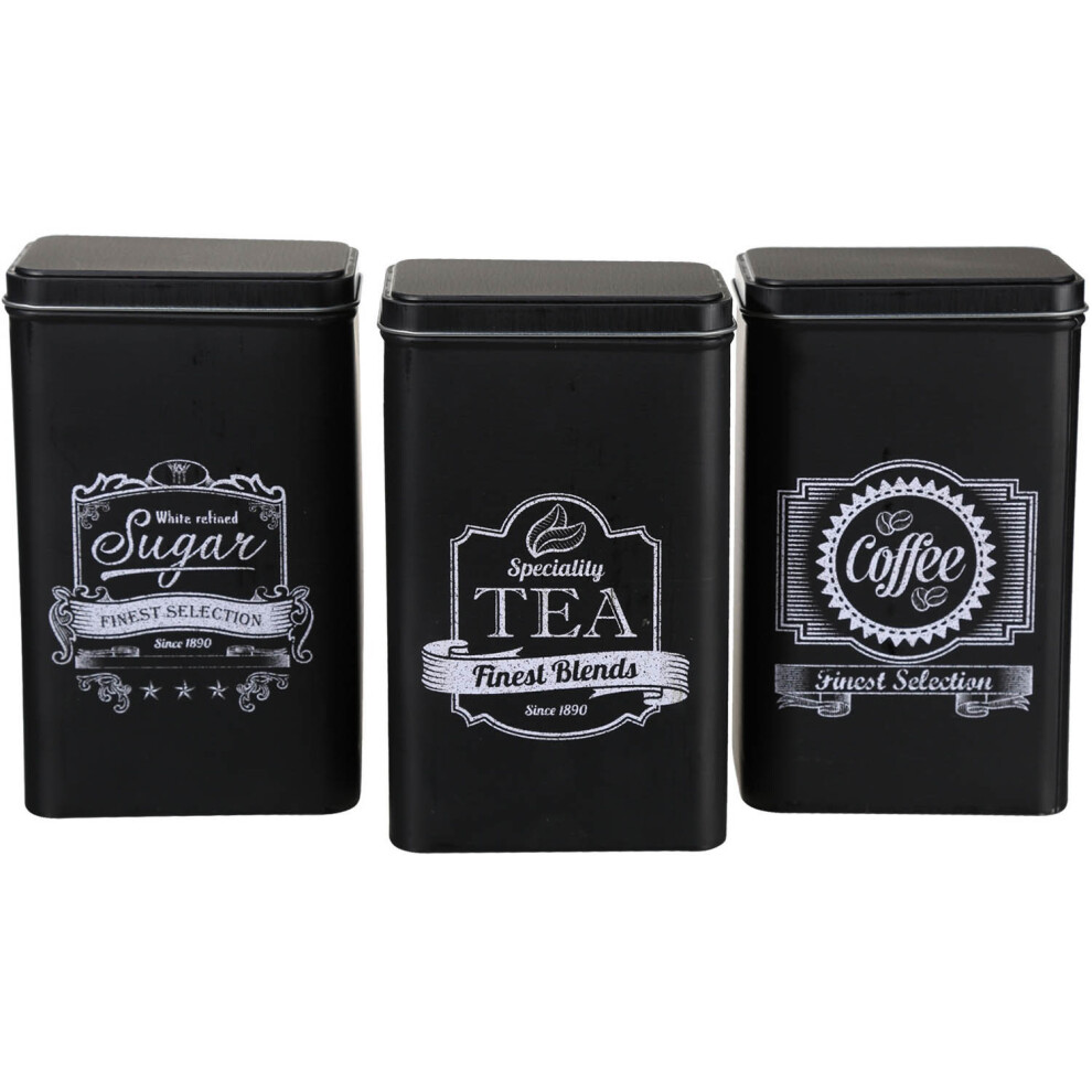 BLACK RETRO 3PC COFFEE TEA SUGAR KITCHEN STORAGE CANISTERS JAR TIN SET CANISTER