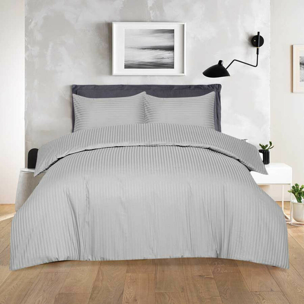 (Grey, King) Soft Hotel Quality Satin Stripe T300 Egyptian Cotton Duvet Cover with Pillowcases