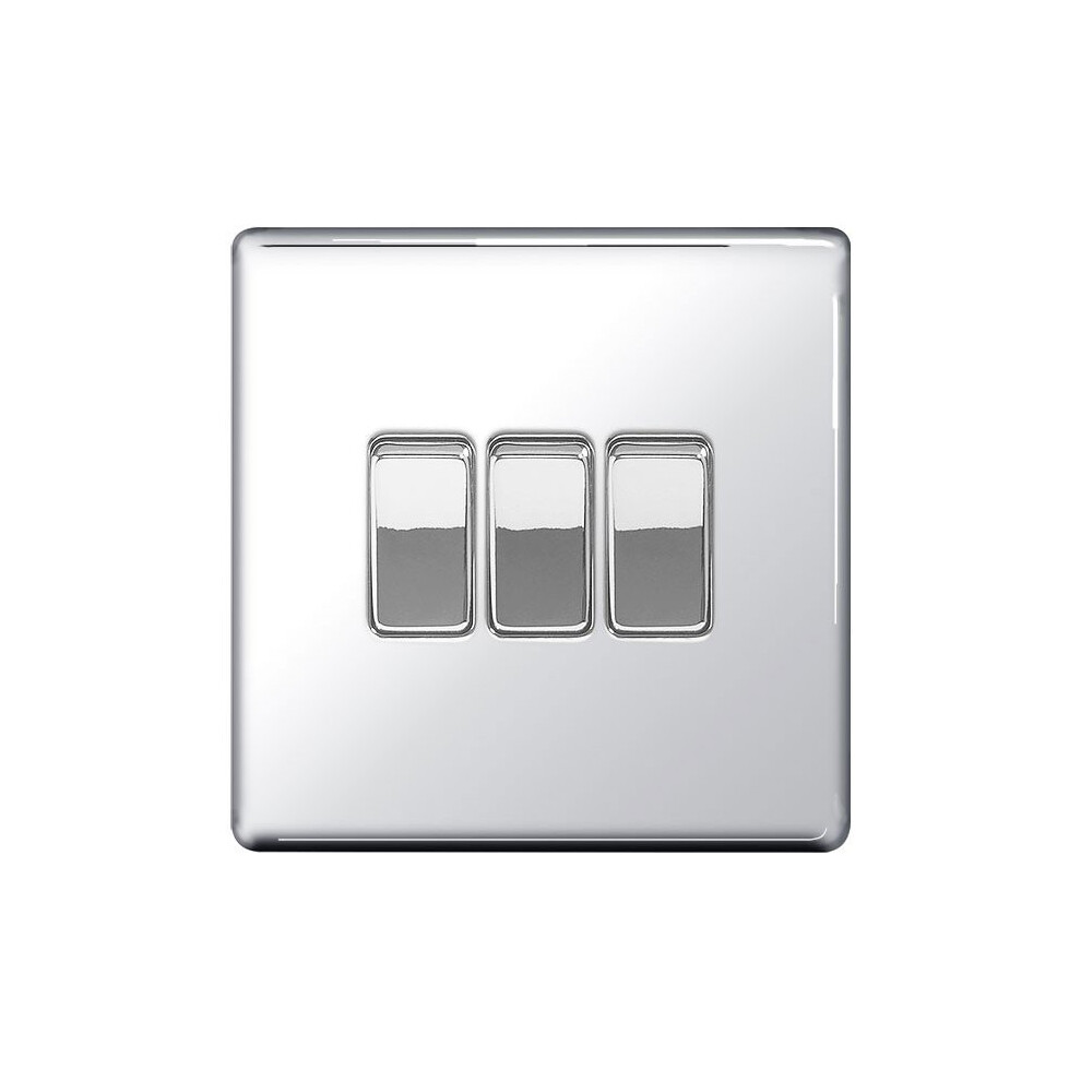 Screwless Flat Plate 10A Triple Light Switch, Polished Chrome Finish 5050765005241