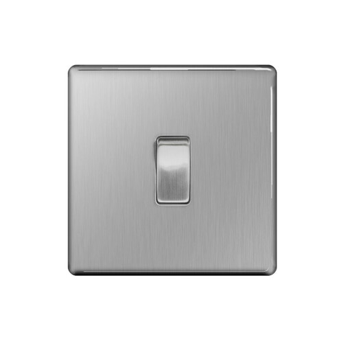 Screwless Flat Plate 10A Single Light Switch, Brushed Steel Finish