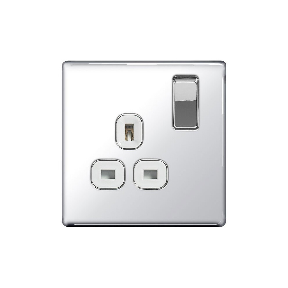 Screwless Flat Plate Single 13A Plug Socket, Polished Chrome Finish 5050765005289