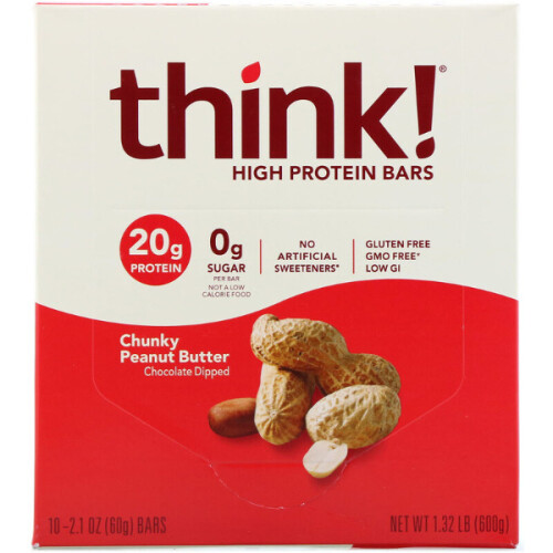 ThinkThin, High Protein Bars, Chunky Peanut Butter, 10 Bars, (60g) 1