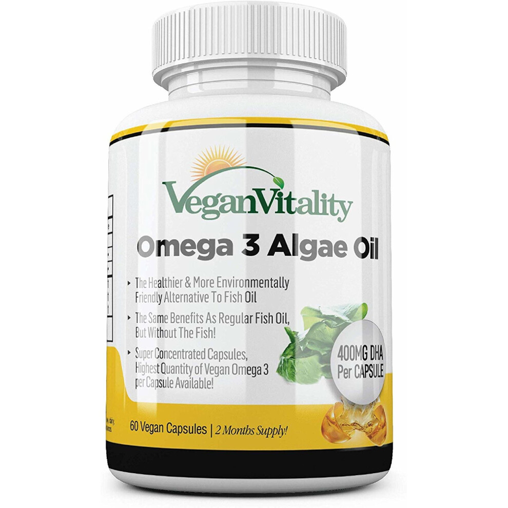 Vegan Omega 3 Algae Oil from Vegan Vitality: 400mg DHA Per Capsule. 60 Capsules, 2 Months Supply. Pure Plant Based Vegetarian Vitamins