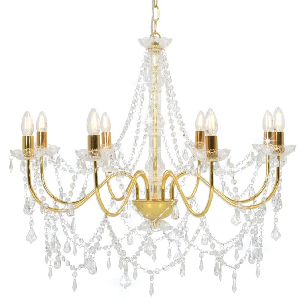 vidaXL Chandelier with Crystal Beads 8x E14 Bulbs Golden Ceiling Lamp Hallway