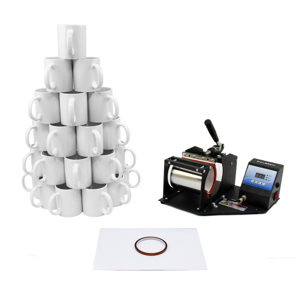 PixMax Mug Press Machine & 72x 11oz White Blank Sublimation Mugs For Heat Transfer Designs