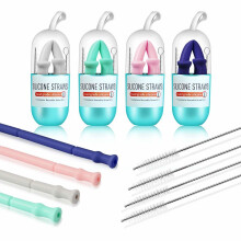 Silicone Reusable Bendable Drinking Straws Ecofriendly - 4 Pack with Individual Carrying Case and Cleaning Brush, BPA Free for Kids & Adults