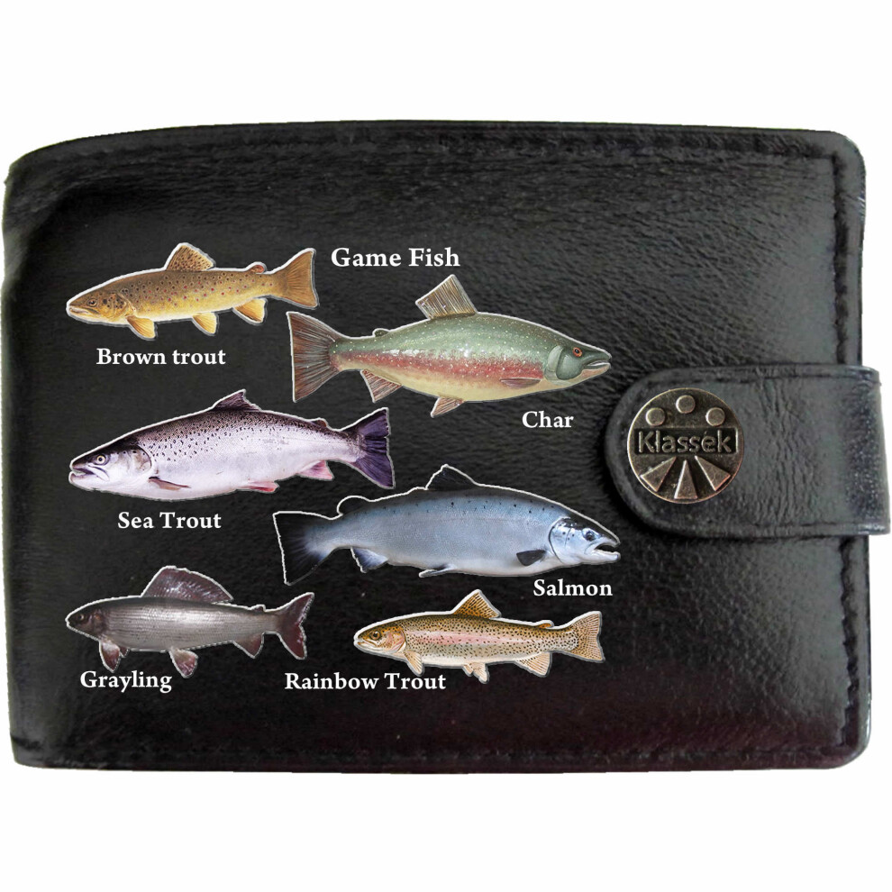 (Standard) Game Sport Fishermans Fishing Mens Wallet Chain Leather Coin Pocket Klassek RFID Blocking Credit Card Slots and Metal Gift Box