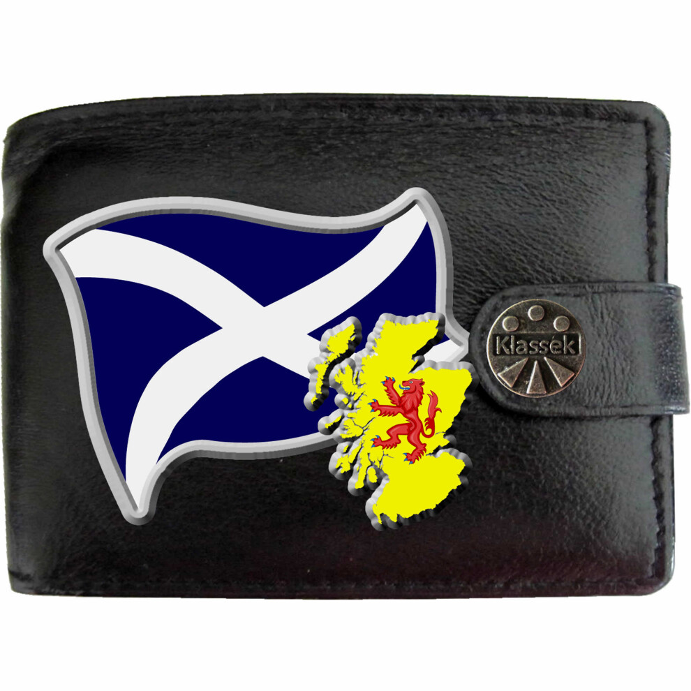 (Standard) Scotland Flag Scottish Map COA Mens Wallet Chain Leather Coin Pocket Klassek RFID Blocking Credit Card Slots and Metal Gift Box